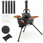 Portable Foldable Wood Burning Tent Stove with 5 Sections Chimney, Heavy Duty Carbon Steel Camping Stove with View Window & Cooking Racks for Outdoor Hunting Camping - Image 4
