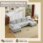 U-Shaped Sectional Sofa with 2 Short Chaise Lounges, 4 Seater Indoor Chenille Fabric Combination Couch, Plastic Legs, 111.4" L x 48.4" D x 33.1" H Living Room Furniture, Dark Beige Grey - Image 7