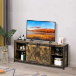 3-layer Double Barn Door with Sliding Rail X-shaped Panel TV Cabinet MDF with Triamine Retro Brown - Image 15