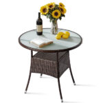 31.5" Patio Table for 4-Person, Outdoor Patio Wicker Round Dining Table, All-Weather Rattan Bistro Dining Table w/Glass Tabletop for Backyard Deck Porch Poolside, Brown - Image 11
