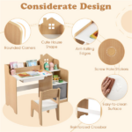 Kids Table and Chair Set with Storage Drawers House-Shaped Study Desk for Playroom Bedroom- Natural - Image 4