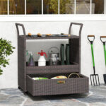 Handwoven PE Rattan Outdoor Bar Cart with Tempered Glass Top & Drawer, 4 Wheels with Brakes Serving Cart for Patio - Image 7