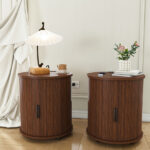 Mid Century Modern Cylinder End Table with Built-in Charging Station & Sliding Door, 2-Tier Storage Round Nightstand with USB Ports, Walnut Bedside Table for Living Room, Bedroom, Entryway - Image 9