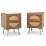 Set of 2 Bohemian 2-Drawer Bedside Table, 54.61×40.64×55.88 cm Natural Pine Wood Legs Nightstand, 88 lbs Capacity for Bedroom Living Room - Image 2