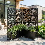 70.87" H × 46.06" W Leaf Pattern Privacy Screen with Planter Box, Black Metal Freestanding Decorative Fence Planter for Patio Balcony Backyard - Image 7