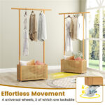 2-in-1 Bamboo Clothing Rack with Rolling Wheels & 60L Storage Basket - Image 9