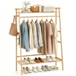 Natural Bamboo Clothing Rack, Multi-Layer Garment Organizer with Top & Bottom Storage Shelves, Side Hooks Hanging Rod, Stable A-Shape Structure Anti-Toppling Device 88LBS Capacity Freestanding Storage Rack for Bedroom Entryway - Image 4