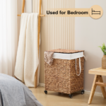 100L 2-Section Laundry Hamper with Lid and Wheels, Woven Natural Water Hyacinth Rolling Laundry Hamper - Image 6
