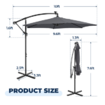 10FT Round Banana Hanging Patio Umbrella with 18 LED Lights, 6 Iron Ribs, Iron Straight & Curved Pole, Waterproof Polyester Canopy, with Stand Sleeve and Cross Base, Gray - Image 15
