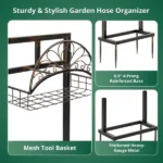 Garden Hose Holder, Water Hose Holder Stand with Storage Basket, Heavy Duty Freestanding Garden Hose Hanger Storage Rack with 4 Spikes for Outside Yard Lawn Farm, Bronze - Image 2