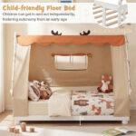 Twin Size Montessori House Floor Bed with Removable Canopy Tent, Solid Wood Kids Bed with Guardrails - White - Image 3