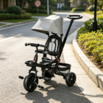 Gray 5 in 1 Foldable Toddler Trike – Travel-Friendly with Storage, Reversible Seat, Safety Harness for 1-5 Years Old Family Trips