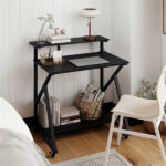 Black Rolling Computer Desk with Power Strip 32" Mobile Office Desk with Monitor Stand - Image 6