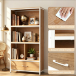 Natural Vertical Freestanding Display Shelf with 4 Open Cubbies & Pull‑Out Drawer, Heavy‑Duty Engineered Wood Metal Frame Storage Organizer for Small Spaces - Image 8