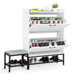 Rattan shoe cabinet with 2 drawers and 4 flip-tops, made of particleboard, 105*24*110cm, black - Image 11