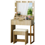 Oak-colored particleboard with a textured melamine veneer, 1 drawer with 3 compartments, dressing table set, includes 8 tri-color dimmer light bulbs, power strip, grille series - Image 3