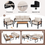 GO 4-Piece Outdoor Furniture Sofa Set for 5 People with Acacia Wood Armrests, Patio Conversation Set with Removable Cushion and Solid Wood Coffee Table for Garden,Beige - Image 8