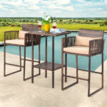 Outdoor 3 Piece Patio Bar Set, Bar Height Bistro Table Set for 2 People, High Top Wicker Bar Stools and Table Outdoor Bar Set with Cushions and Pillows, Brown Gradient Rattan & Beige Cushion - Image 5