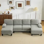 U-Shaped Convertible Sectional Sofa with 2 Short Chaise Lounges, 4-Seater Modular Chenille Fabric Couch with Plastic Legs, 111.4" L x 48.4" D x 33.1" H Indoor Living Room Combination Sofa, Grey Blue - Image 10