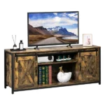 3-layer Double Barn Door with Sliding Rail X-shaped Panel TV Cabinet MDF with Triamine Retro Brown - Image 11