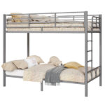 Grey Twin Bunk Bed Square Tube High Guardrail Side Ladder Opening Iron Bed - Image 8
