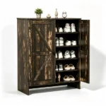 2-Door Barn Door Shoe Cabinet Made of Triamine Particleboard Black Square Shoe Cabinet with Single-Hole Handle 31.61*14.21*36.42in Black Oak - Image 3