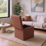 Brown Linen-Textured Storage Ottoman with Black Rubber Feet – Compact Square Seat with Hidden Storage, 42×42×44cm - Image 6