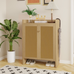 42.5" Tall Rattan Shoe Cabinet with Doors, 6-Tier Wooden Freestanding Shoe Storage Organizer with Adjustable Shelves, Mid-Century Entryway Shoe Cabinet for Hallway & Living Room - Image 10