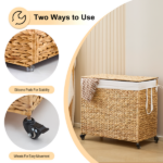 160L 3-Section Laundry Hamper with Lid and Wheels, Woven Natural Water Hyacinth Rolling Laundry Hamper - Image 5