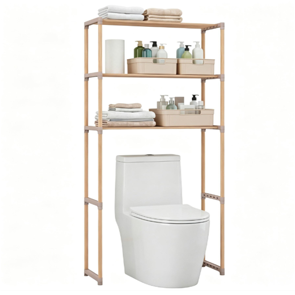 3-Tier Over Toilet Storage Shelf, Solid Pine Wood Bathroom Space-Saving Organizer Rack with Anti-Slip Feet, Tool-Free Assembly Above Toilet Shelving Unit