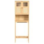 2-Door 3-Tier Toilet Cabinet Particleboard Melamine-Faced Bathroom Vanity Bathroom Cabinet with Rattan Surface 23.62*8.66*66.93in Natural Wood - Image 2