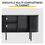 Black Embossed Particle Board TV Stand, Oval Tabletop 147×35×58cm, Entertainment Center with Slatted Sliding Doors, Modern Media Console Cabinet for Living Room - Image 7