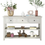 Console Table with Wood Frame and Legs, Sofa Table Entryway Table with 3 Drawers and 2 Open Shelves Antique White - Image 4
