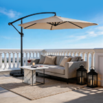 10FT Round Offset Patio Umbrella, Banana Hanging Cantilever Umbrella with 60° Adjustable Angle, Crank System, Cross Base & Pole Sleeve, UPF 50+ Waterproof Polyester Canopy, 6 Iron Ribs for Garden Deck Backyard, Khaki - Image 27