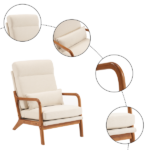 Same Code 47026089 High Back Solid Wood Armrest Backrest Iron Frame Linen Indoor Leisure Chair Off-White - Image 24