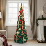 7 FT Fully Decorated Pre-lit Christmas Tree, Pop Up Artificial Xmas Tree with 200 Warm Lights Remote Control and Red & Golden Ornaments for Home Office Store Holiday Deco - Image 12