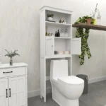 Over The Toilet Rack 2 -Tier Toilet Bathroom Spacesaver Storage Shelf with 2 Doors Wood Storage Organizer Cabinet for Bathroom Freestanding Shelf-White - Image 5