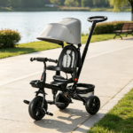 Gray 5 in 1 Foldable Toddler Trike – Travel-Friendly with Storage, Reversible Seat, Safety Harness for 1-5 Years Old Family Trips - Image 4