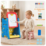 Blue 3-in-1 Kids Double Sided Art Easel, Magnetic Whiteboard & Chalkboard Standing Drawing Board with Adjustable Height Angle, Storage Tray Book Rack Complete Painting Accessories PP Play Easel Gift - Image 7
