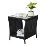 Outdoor Patio Wicker Side Table, Square End Table Bistro Coffee Table with Glass Top Storage Shelf for Porch Garden Backyard Black - Image 13