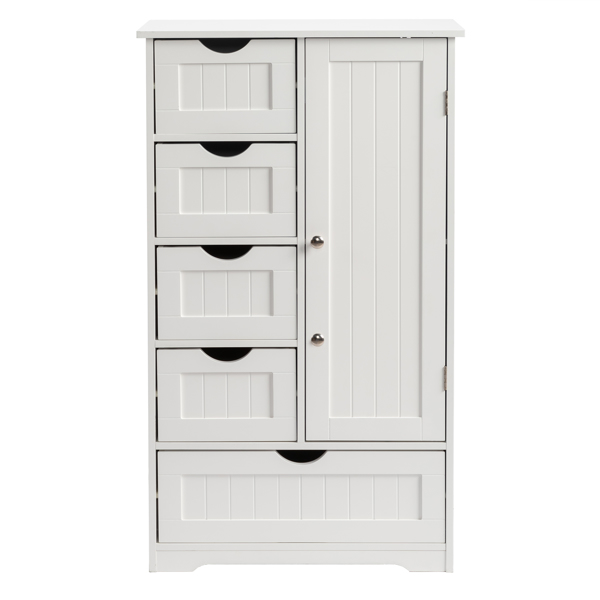 White MDF with paint finish + melamine veneer on particleboard, vertical stripes, 56*30*95cm, 4 small drawers, 1 large drawer, 1 door, bathroom vanity