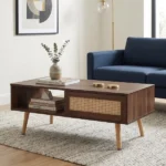 41.3 Inch Rattan Coffee Table with Sliding Storage Door, Rectangle Wooden Accent Center Sofa Table with Solid Wood Legs,Suitable for Living Room,Walnut (Shipment from Walmart)