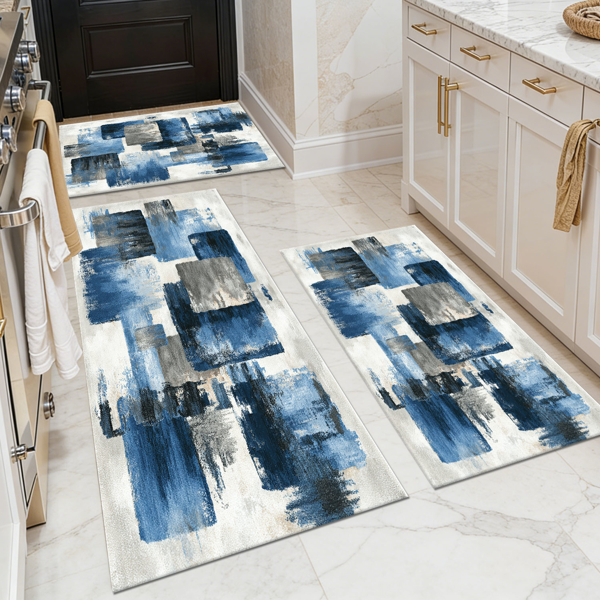 b7fe221b-ab5a-4f35-b07a-c040dbaea0d9.png Three-piece kitchen rug set, non-slip and washable, abstract pattern kitchen hallway rug, soft and comfortable, suitable for sinks, floors, entrances, hallways and bathrooms. - Image 1