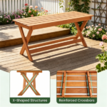 Solid Wood Backless Patio Bench, 2‑Person Rustic Slatted Seat Bench with X‑Frame Legs, Breathable Outdoor Garden Entryway Bench for Dining Plant Stand - Image 7