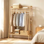 Natural Bamboo Clothing Rack, Multi-Layer Garment Organizer with Top & Bottom Storage Shelves, Side Hooks Hanging Rod, Stable A-Shape Structure Anti-Toppling Device 88LBS Capacity Freestanding Storage Rack for Bedroom Entryway - Image 5