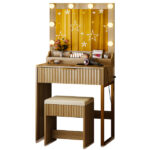 Oak-colored particleboard with a textured melamine veneer, 1 drawer with 3 compartments, dressing table set, includes 8 tri-color dimmer light bulbs, power strip, grille series - Image 6