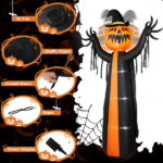10ft Inflatable Halloween Decor with Rotatable Head Pumpkin Ghost in Cape, 6 Built-in LED Lights, Black & Orange, 12V 2000mA US Power Adapter - Image 7