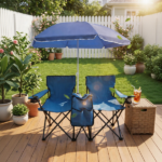 Portable Double Folding Beach Chair Set with Umbrella, 2-Person Outdoor Camping Chair with Cup Holders, Foldable Patio Chair for Picnic, Backyard, Travel, Blue - Image 5