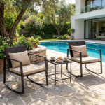 3-Piece Outdoor Wicker Rocking Chair Set, Patio Conversation Furniture with Tempered Glass Side Table & Washable Cushions for Garden Backyard Poolside - Brown - Image 8