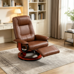 Brown Swivel Recliner Chair PU Leather Reclining Armchair Retractable Footrest Wood Base Adjustable High Back for Small Spaces Living Room RV Bedroom - Image 7